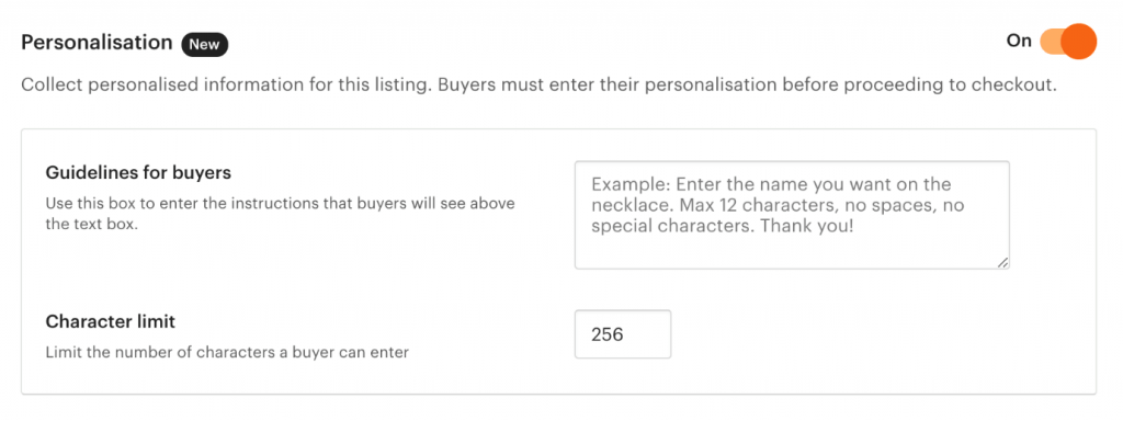 personalise an item fields on etsy